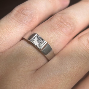 Puede incluir: Un anillo de tono plateado con una banda lisa y pulida y una sección rectangular central con un acabado mate y texturizado. El diseño incluye dos finas ranuras verticales que separan el panel central del resto de la banda.