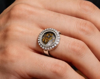 Genuine Sericho Pallasite Adjustable Ring — 10mm Round Meteorite Inlay, Silver Tone, Unisex Gift
