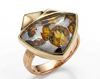 Genuine Kenya sericho Pallasite Meteorite Ring | 925 Sterling Silver Adjustable Band | Italian Brushed Finish | Luxury Gold Inner Band
