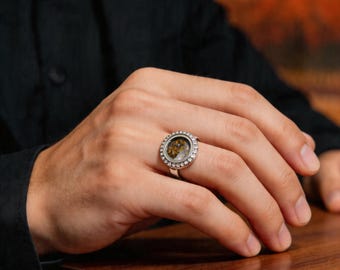Genuine Sericho Pallasite Adjustable Ring — 10mm Round Meteorite Inlay, Silver Tone, Unisex Gift