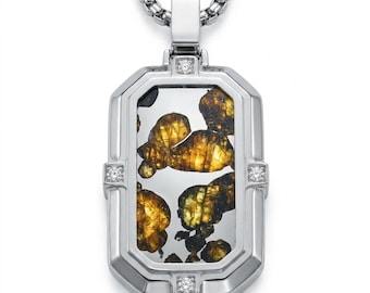 Echte Sericho-Pallasit-Meteoriten-Anhänger-Halskette | Olivin-Kristall-Einlage | Titanstahl | 19 × 40 mm | Geschenkfertig + Echtheitszertifikat
