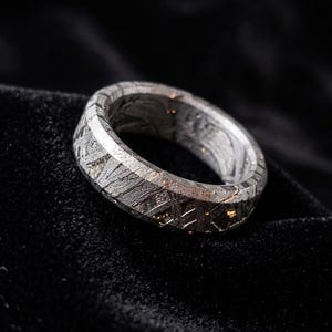 Può includere: Un anello color argento caratterizzato da un distinto motivo di Widmanstätten sulla superficie. La fascia ha un aspetto metallico e testurizzato con linee cristalline che si intersecano e sottili inclusioni marrone dorato.