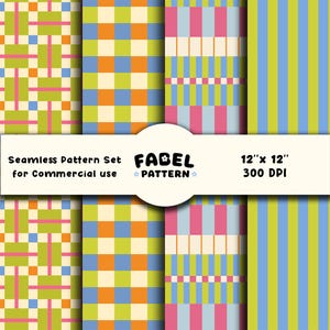 May include: A seamless pattern set featuring diverse colourful designs. The patterns include geometric shapes, stripes, and a checkered pattern in shades of green, pink, blue, and orange. The set is 30.48 cm x 30.48 cm and suitable for commercial use.