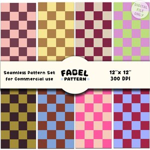 May include: A collection of eight seamless checkerboard patterns in various color combinations. The patterns are 12" x 12" and suitable for commercial use. The image includes text that says "DIGITAL FILE ONLY" and "FABEL PATTERN".