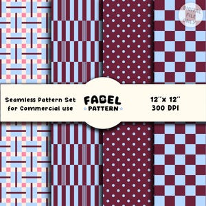 Puede incluir: Un conjunto de patrones digitales sin costuras con varios diseños, incluyendo patrones geométricos, lunares y un tablero de ajedrez. Los patrones presentan una combinación de colores borgoña, azul claro y rosa. El conjunto es de 30,48 cm x 30,48 cm a 300 DPI.