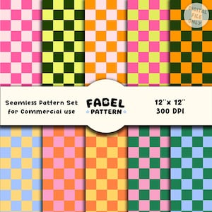 Puede incluir: Un archivo digital que presenta un conjunto de patrones sin costuras con diversas combinaciones de colores de diseños a cuadros. Los patrones incluyen cuadrados rosas, verdes, naranjas y azules. El archivo mide 30,48 cm x 30,48 cm y 300 DPI. El texto dice "Seamless Pattern Set for Commercial use" y "Fabel Pattern".