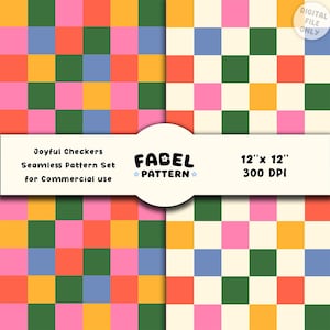 May include: A digital file showcasing four checkerboard patterns in vibrant colours. Each pattern features a grid of squares in pink, orange, yellow, green, and blue. The image includes the text "Joyful Checkers" and "Fabel Pattern". The patterns are 30.48 cm x 30.48 cm and 300 DPI.