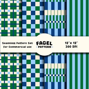 May include: A seamless pattern set featuring various geometric designs in shades of blue, green, and cream. The patterns include checks, stripes, and grids. The image also includes the text "Seamless Pattern Set for Commercial use" and "FABEL PATTERN 12" x 12" 300 DPI".