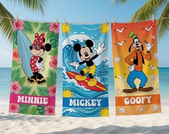 Personalized Disneyland Mickey And Friends Summer Beach Towel, Disneyland Minnie Goofy Donald Pool Party Towels, Bridesmaid Towel