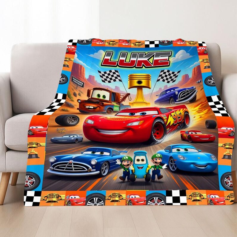 Manta polar personalizada de Disneyland Cars, manta personalizada de Rayo McQueen con nombre, manta de Mario y Luigi de Cars, regalo de cumpleaños, manta de Cars imagen 2