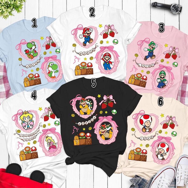 Camiseta de Super Mario con lazos coquetos, camiseta de la película Mario Galaxy, Yoshi, Mario Princess Beach, mini Bowser, Toad, Luigi, camiseta familiar Epic Universe 03 imagen 2
