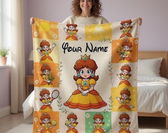 Personalized Princess Daisy Blanket, Custom Super Mario Blanket, Baby Blanket, Birthday Gift, Custom Name Game Blanket, Bedroom Decor