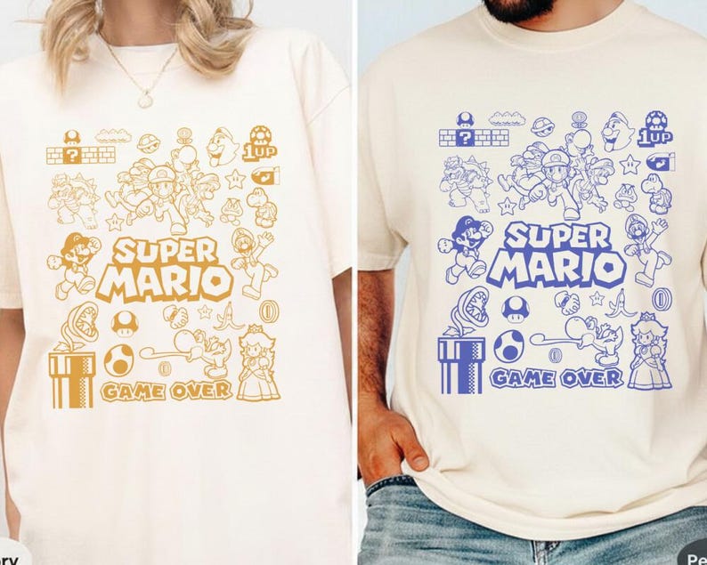 Camiseta con arte de garabatos de Mario y sus amigos Camiseta de la película Mario Galaxy Camiseta de la familia Super Mario Camiseta de los videojuegos de Disneyland Mario Camiseta del universo épico imagen 2
