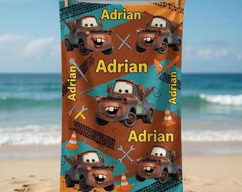 Disneyland Cars Mater Beach Towel, Cars Lightning McQueen Beach Towel, Custom Name Family Vacation Towel, Disneyland Family Matching Towel