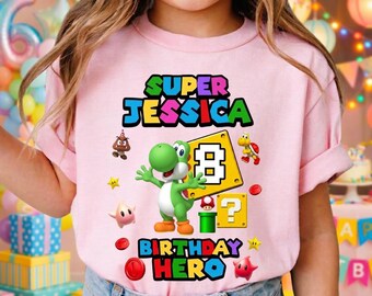Chemise anniversaire garçon Yoshi Super Mario personnalisée, chemise Mario et ses amis, chemise design recto et verso