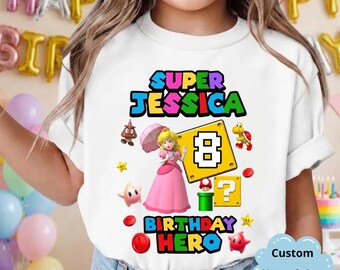 Chemise fille anniversaire princesse Peach avec nom personnalisé, chemise fille film Super Mario, chemise assortie famille Mario personnalisée