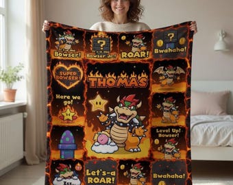 Bowser Blanket, Custom Bowser Blanket, Super Mario Blanket, Personalized Name Blanket, Gamer Blanket, Birthday Gift, Bedroom Decor