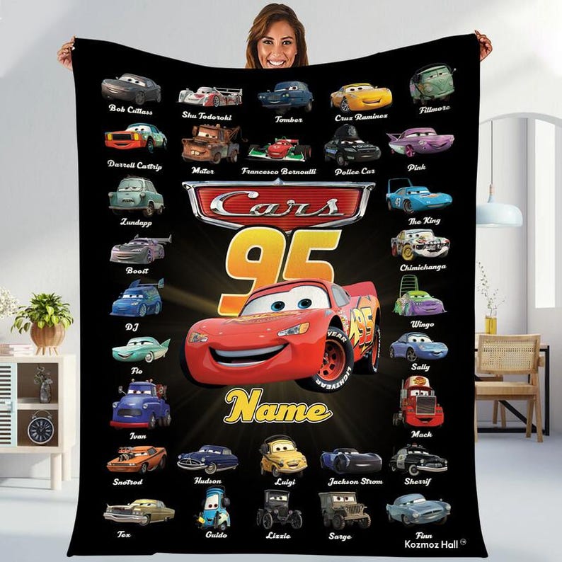 Personalized Disneyland Cars Fleece Blanket, Custom Name Pixar Cars Blanket, Lightning McQueen Sally Characters Blanket, Cars Birthday Gifts image 1