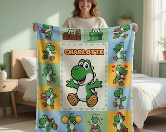 Custom Super Mario Blanket, Personalized Yoshi Super Mario Fleece Blanket, Custom Mario Blanket, Gift For Kids, Birthday Gift
