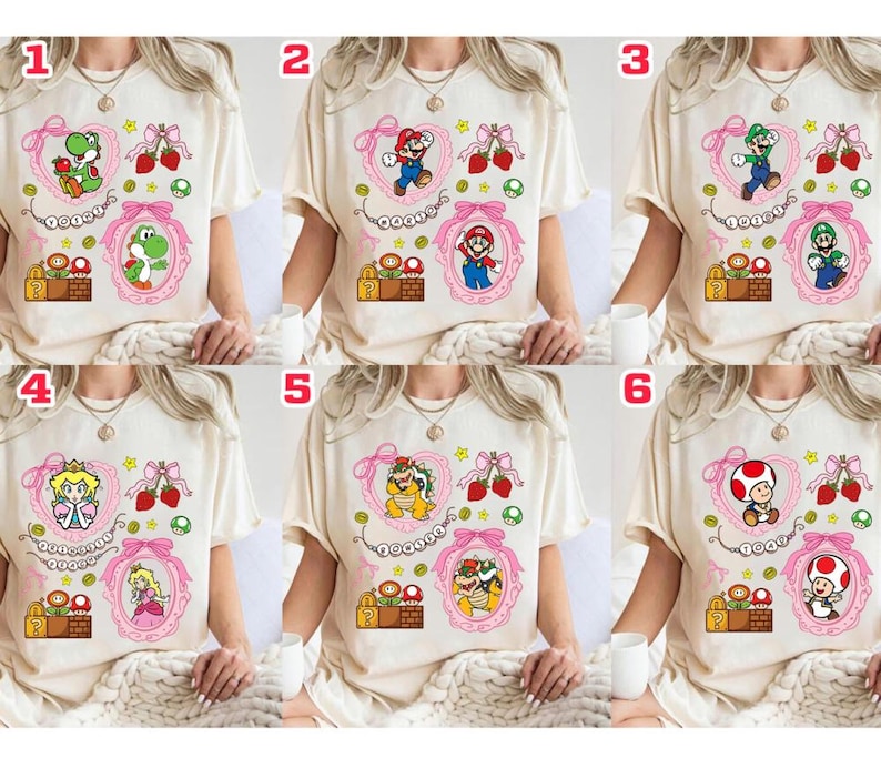 Camiseta de Super Mario con lazos coquetos, camiseta de la película Mario Galaxy, Yoshi, Mario Princess Beach, mini Bowser, Toad, Luigi, camiseta familiar Epic Universe 03 imagen 1