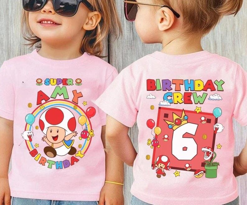 Custom Mario Toad Birthday Shirt, Super Mario Galaxy Movie Shirt, Epic Universe Mario Family Shirt, Mario Group Birthday Party Shirt -4 immagine 4