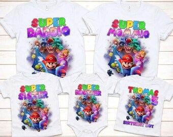 Chemise anniversaire garçon Mario personnalisée, chemise anniversaire fille, chemise familiale assortie, chemise anniversaire Mario nom personnalisé âge