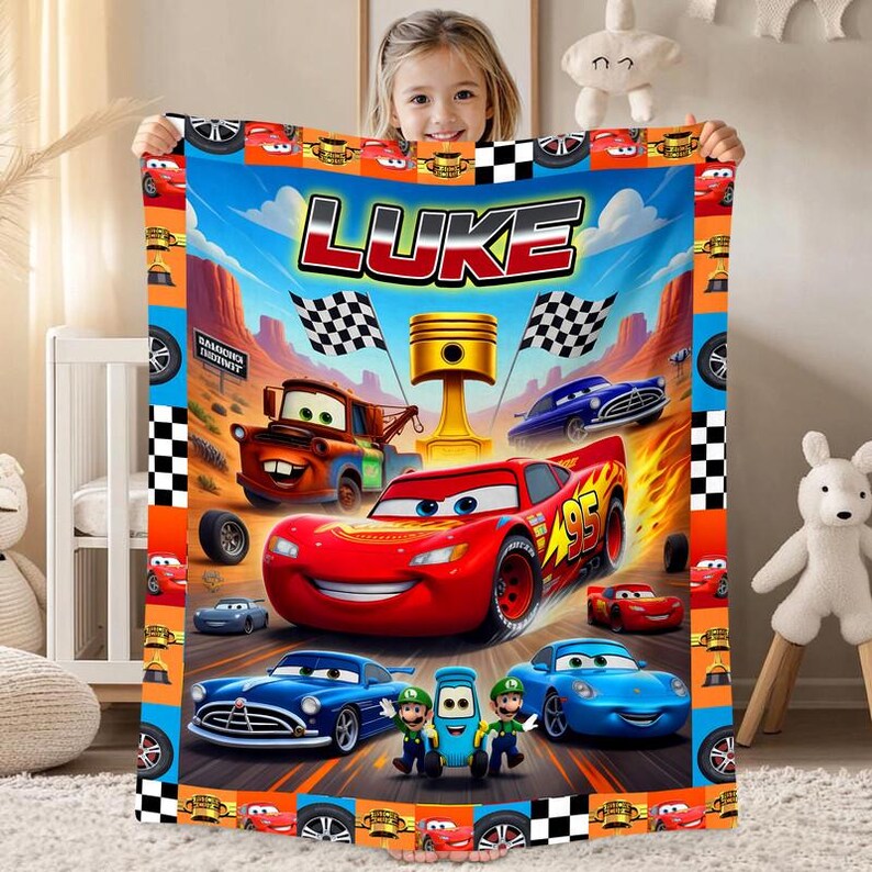 Manta polar personalizada de Disneyland Cars, manta personalizada de Rayo McQueen con nombre, manta de Mario y Luigi de Cars, regalo de cumpleaños, manta de Cars imagen 4