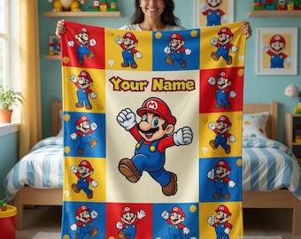Custom Super Mario Blanket, Personalized Super Mario Fleece Blanket, Custom Mario Blanket, Gift For Kids, Birthday Gift, Mario Gift