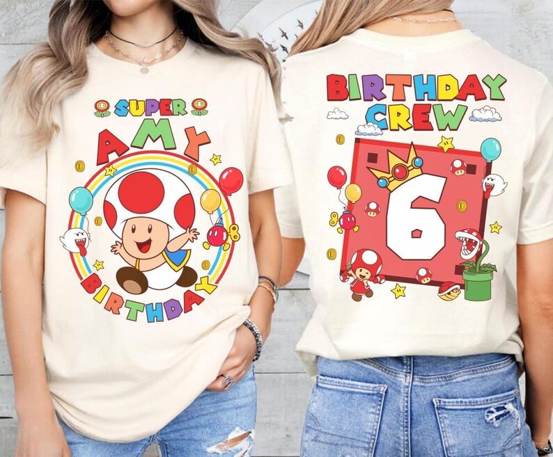 Custom Mario Toad Birthday Shirt, Super Mario Galaxy Movie Shirt, Epic Universe Mario Family Shirt, Mario Group Birthday Party Shirt -4 immagine 3