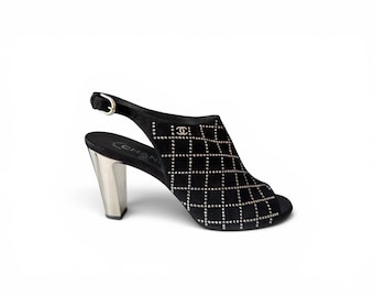 Authentisch Vintage Chanel Schwarz Wildleder Kristall Gitter Slingback Heels Größe 38 (Original Box)
