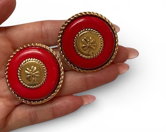 Vintage Chanel Red Gold Clover Clip-On Earrings 1960s
