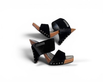 Vintage Chanel, Black Velvet, Wood Platform Mules