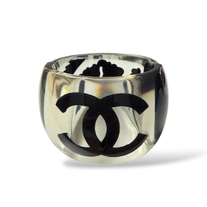 Vintage Chanel Black Camellia and CC Logo Cuff With Original Box