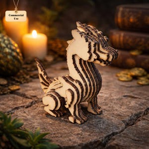 May include: A wooden dragon figurine with a layered design, featuring alternating light and dark brown stripes. The dragon is posed on a stone surface, with a candle and the text "Commercial Use" in the background.