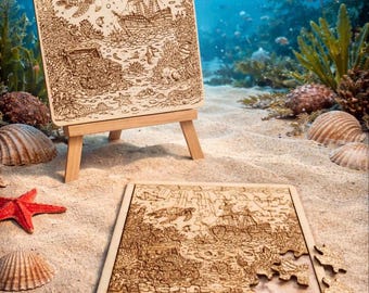 Ocean Puzzle SVG DXF PDF | Underwater Laser Cut File | Sea Life Engraving Design | Wooden Puzzle File | Turtle Ship Ocean Scene