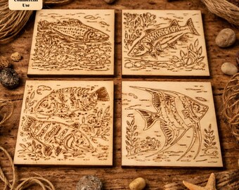 Memory Card Ocean Fish Engraving SVG DXF Bundle | Salmon & Tropical Fish Laser Cut Files | Coaster Designs Glowforge CNC | Instant Download