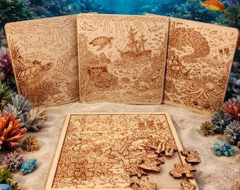 Ocean Puzzle Bundle SVG DXF PDF | Underwater Laser Cut Files | Sea Turtle Shark Octopus Fish Engraving | 3 designs
