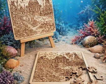 Atlantis Puzzle SVG DXF PDF | Underwater City Laser Cut File | Ancient Ruins Engraving Design | Wooden Puzzle File | Glowforge File