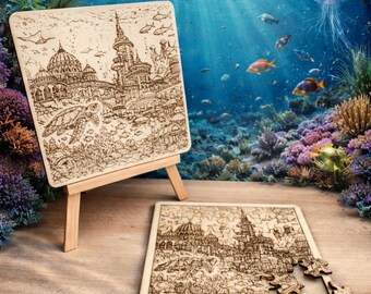 Atlantis Turtle Puzzle SVG DXF PDF | Underwater City Laser Cut File | Sea Turtle Engraving Design | Wooden Puzzle File