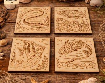 Memory Card Ocean Fish Engraving SVG DXF | Angelfish, Trout & Eel Laser Cut Files | Coaster Designs Glowforge CNC | Instant Download