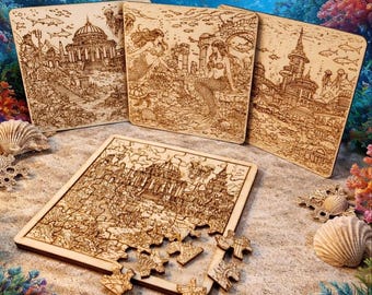 Atlantis Puzzle Bundle SVG DXF PDF | Underwater City Mermaid Laser Cut Files | Ocean Engraving Designs | Wooden puzzle set