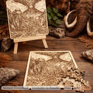 Rompecabezas de mamut volcánico SVG DXF PDF | Escena de erupción prehistórica Archivo de corte láser | Decoración de la era de hielo