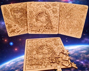 Space Cat Puzzle Bundle SVG DXF PDF | Cute Astronaut Cat Laser Cut Files | Cat Puzzle Set Glowforge File | 3 Designs | Instant Download