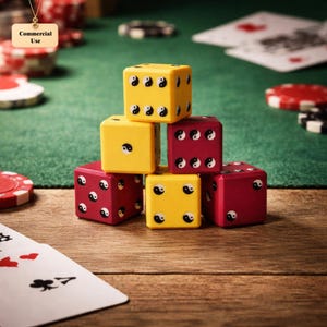 May include: A stack of six dice, alternating between yellow and red, with yin-yang symbols replacing the traditional dots. The dice are on a wooden surface with poker chips, playing cards, and a green felt background.