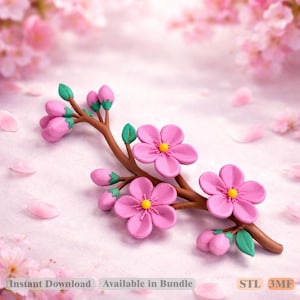 May include: A detailed, pink cherry blossom branch with green leaves and yellow centres. The branch is brown, and the flowers are in various stages of bloom. The background is a soft pink with blurred cherry blossoms and petals. Text at the bottom reads "Instant Download Available in Bundle STL 3MF".