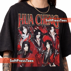 Könnte beinhalten: Schwarzes T-Shirt mit einer Grafik von Anime-Charakteren in roter und schwarzer Kleidung. Der Text "HUA CHENG" ist rot, mit dem Markennamen "SoftPressTees". Das Design zeigt mehrere Figuren.