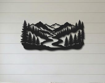 Mountain River Metal Wall Art, Panoramic Mountain Range Sign, Pine Forest Landscape Decor, Cabin Wall Hanging, Outdoor Lover Gift