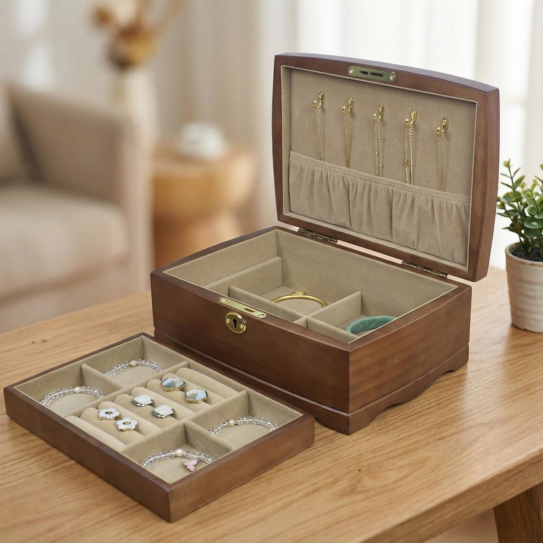 Solid Wood Jewelry Box With Lock and Velvet Lining - Two-tier Organizer ...