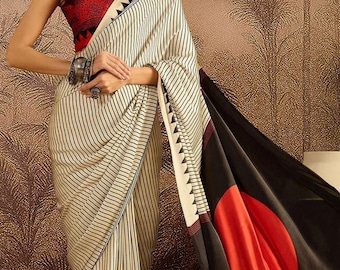 Off White and Black Printed Satin Saree