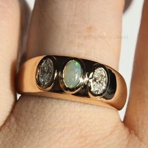 Oval Cut Opal Moissanite Bezel Set Dome Ring: 14K Gold Heavy Chunky Two Gemstone Thick Stacking Art Deco Ring